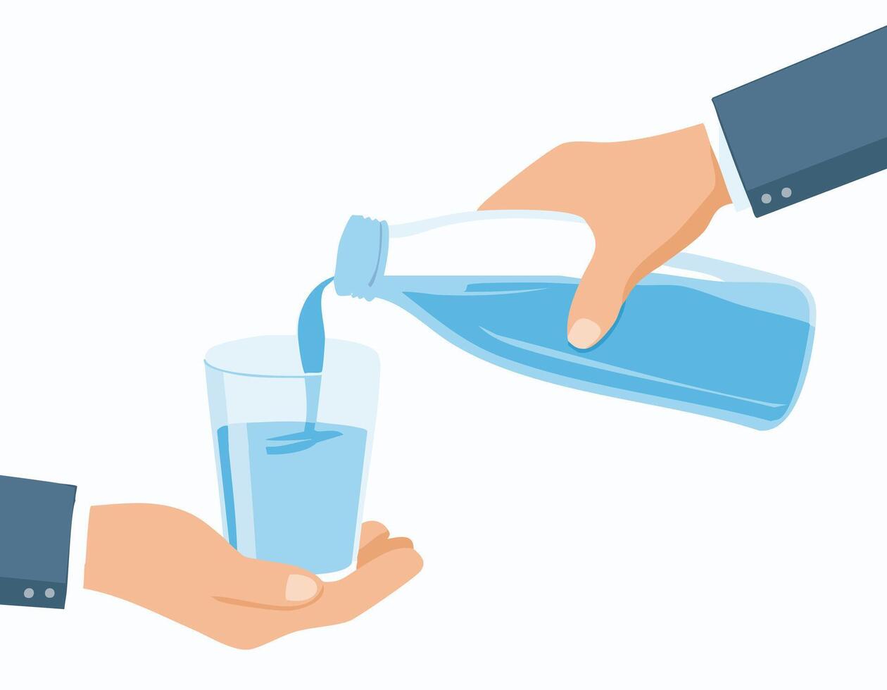 Two hands are holding a glass of water and a bottle vector