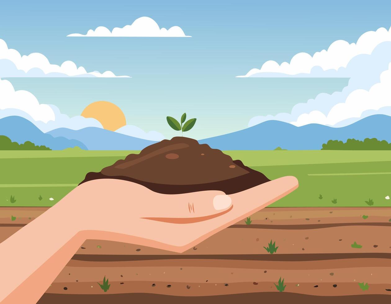 Hand holding soil and plant in field with sky and sun background vector