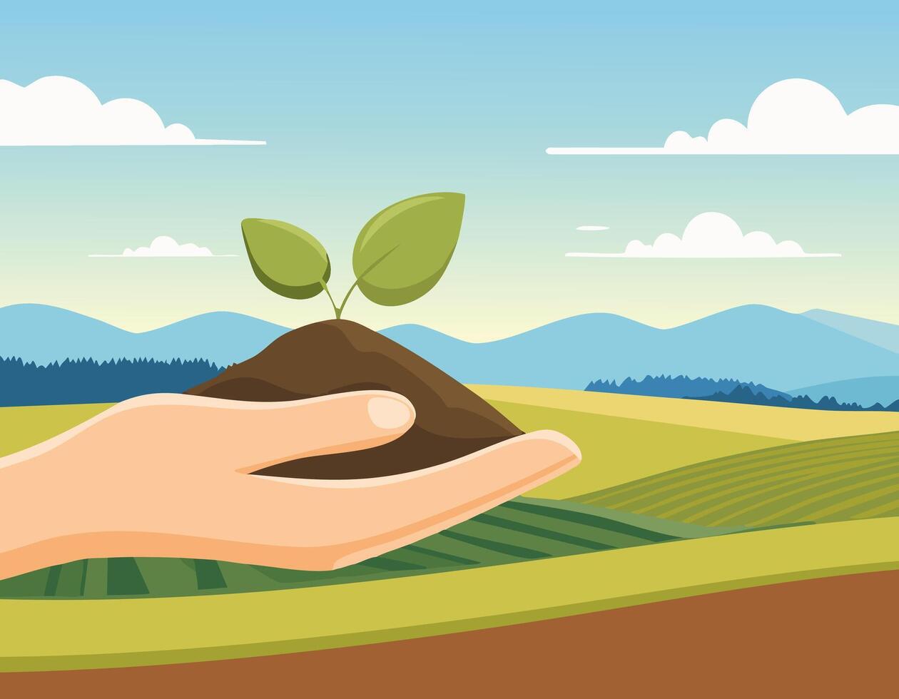 Hand holding plant in field with mountains and landscape vector