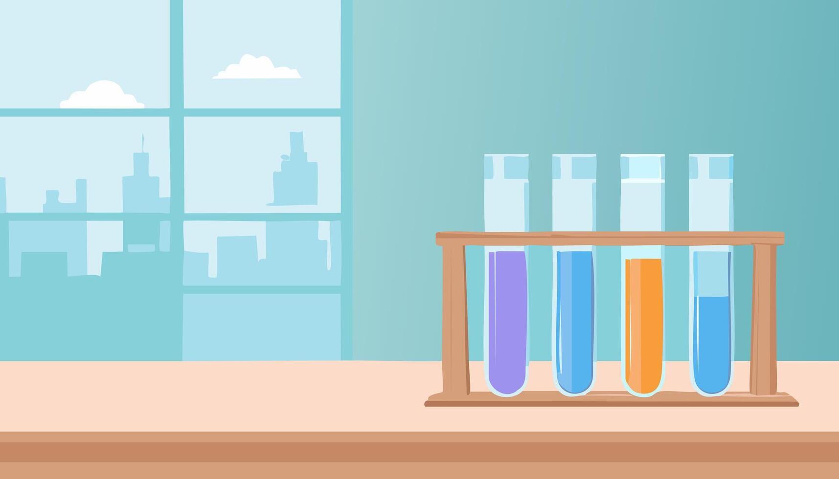 A laboratory with test tubes and a cityscape in the background vector