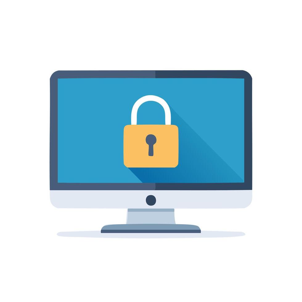 Computer monitor with padlock icon on white background vector