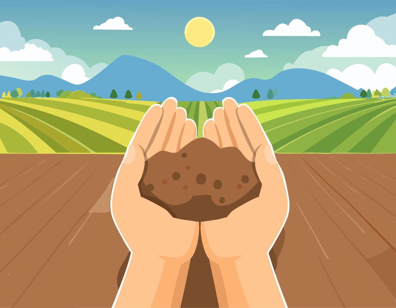 Two hands holding a piece of dirt in front of a field vector