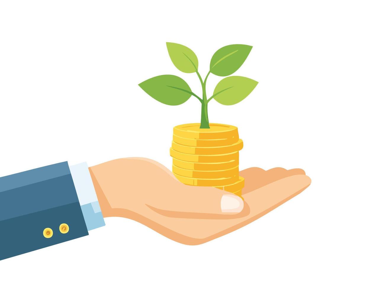 Hand holding stack of coins with plant growing on top vector