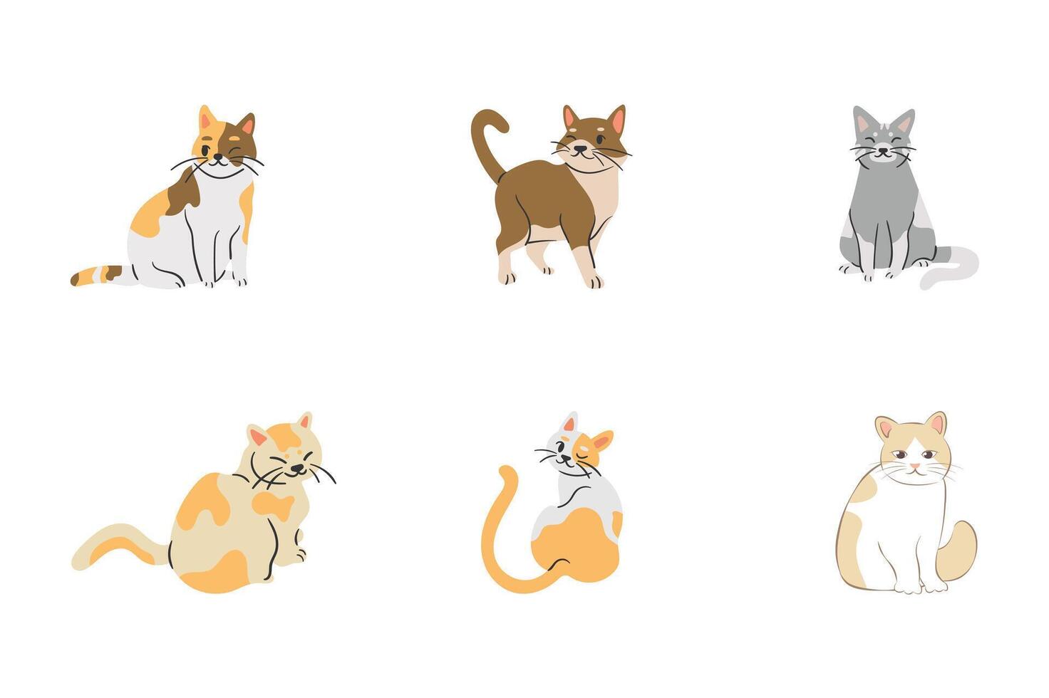 Collection of Playful Cats A delightful array of six illustrated cats showcases a variety of breeds and poses, creating a sense of joy and charm vector