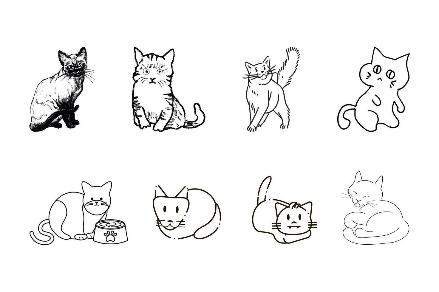 Feline Sketches A charming collection of eight adorable, minimalist sketches showcasing the playful postures and unique personalities of beloved cats vector