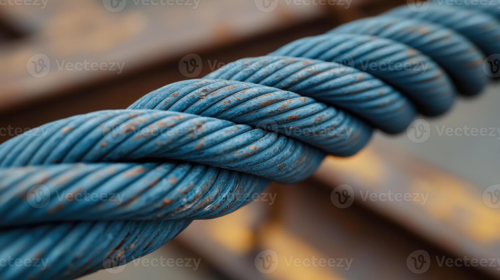 Close-up of twisted blue rope with rust spots. photo