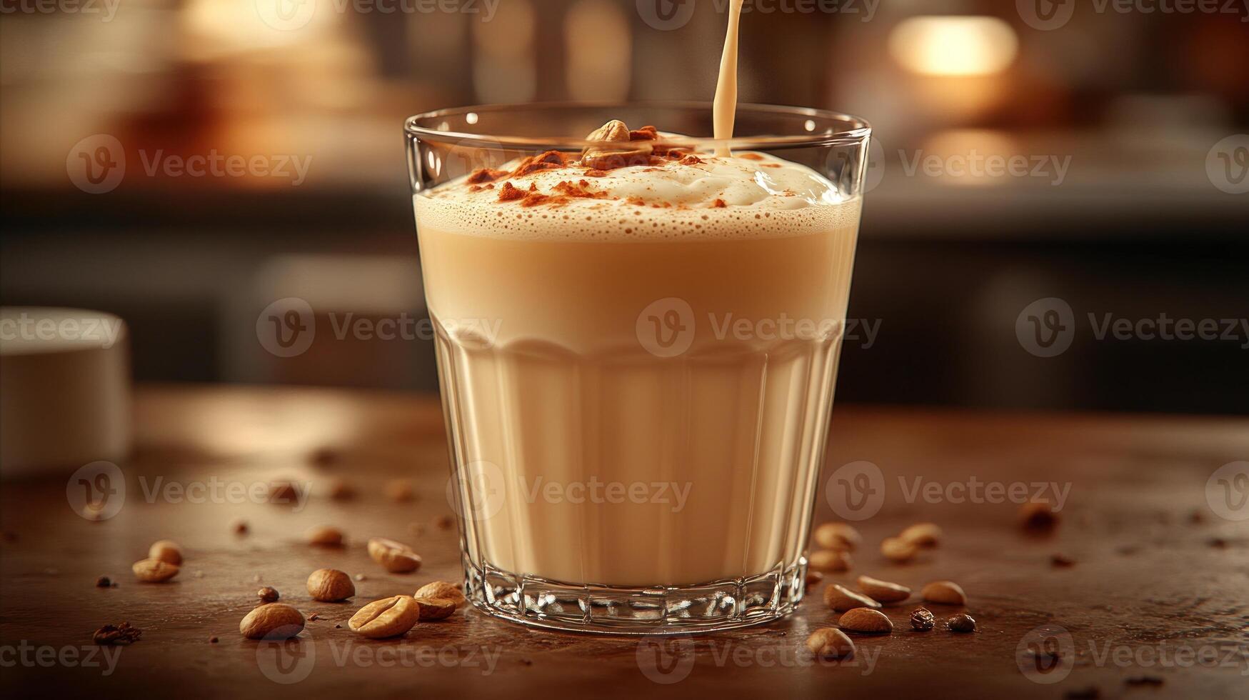 Creamy beverage topped with nuts in a glass. photo