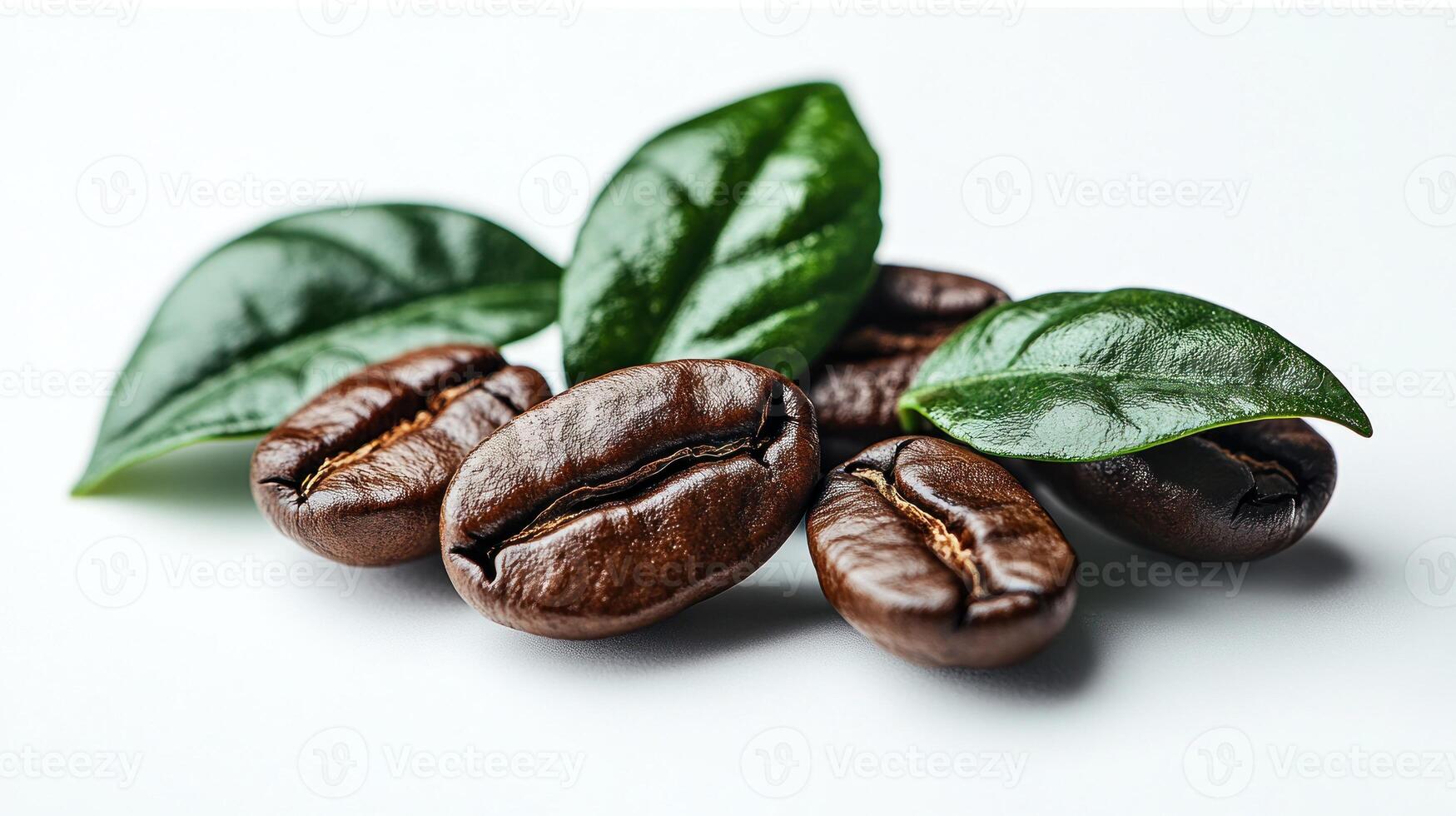 Coffee beans with green leaves on a white background. closeup hot photo