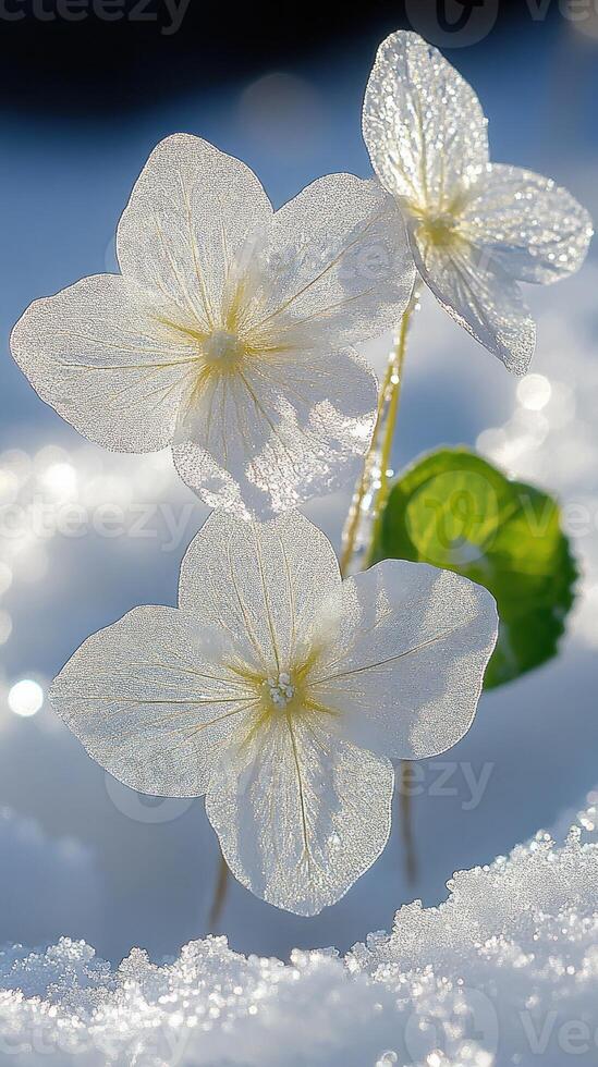 Delicate flowers emerging from a snowy background. photo