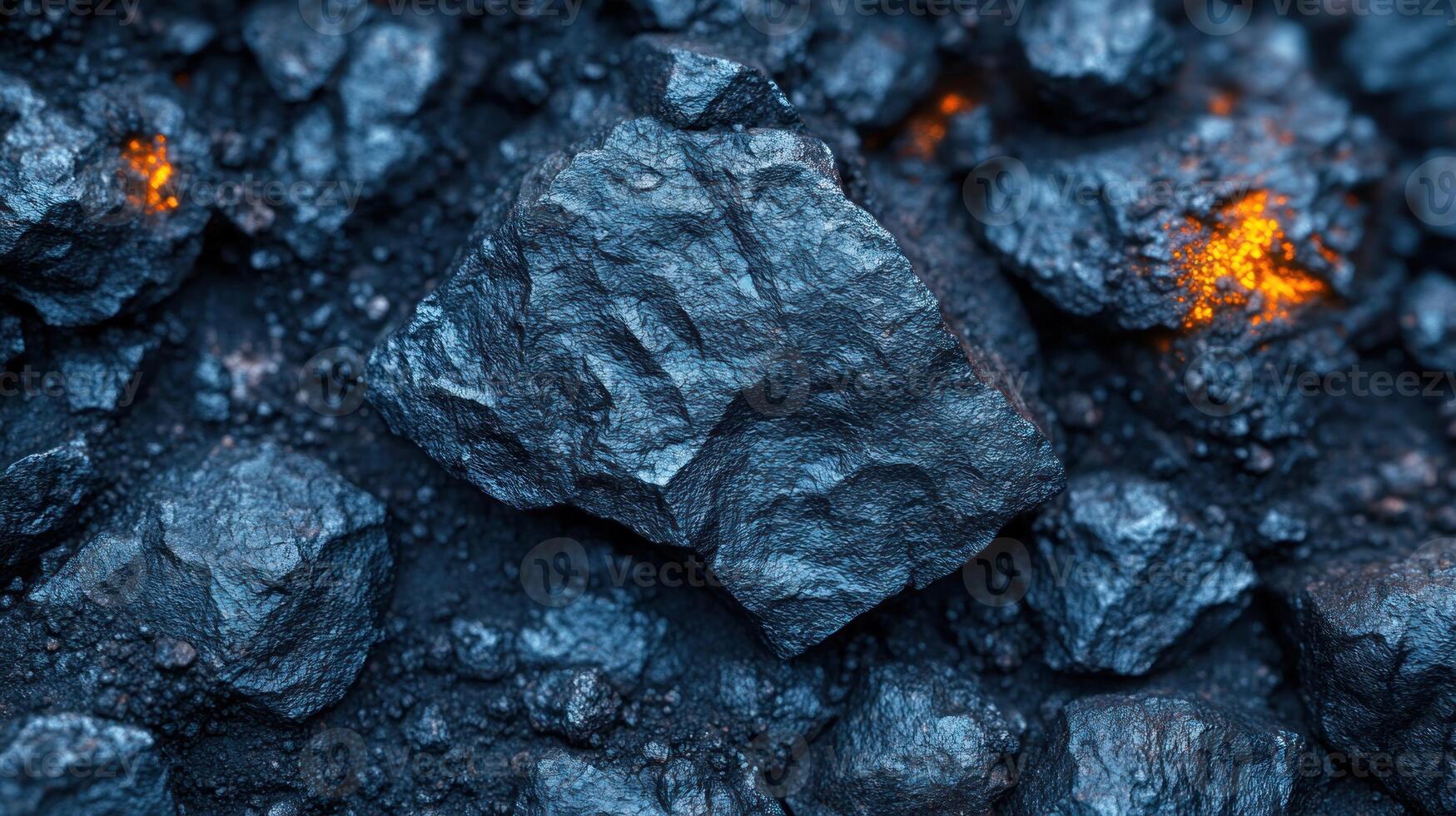 Close-up of dark rocks with glowing elements. photo