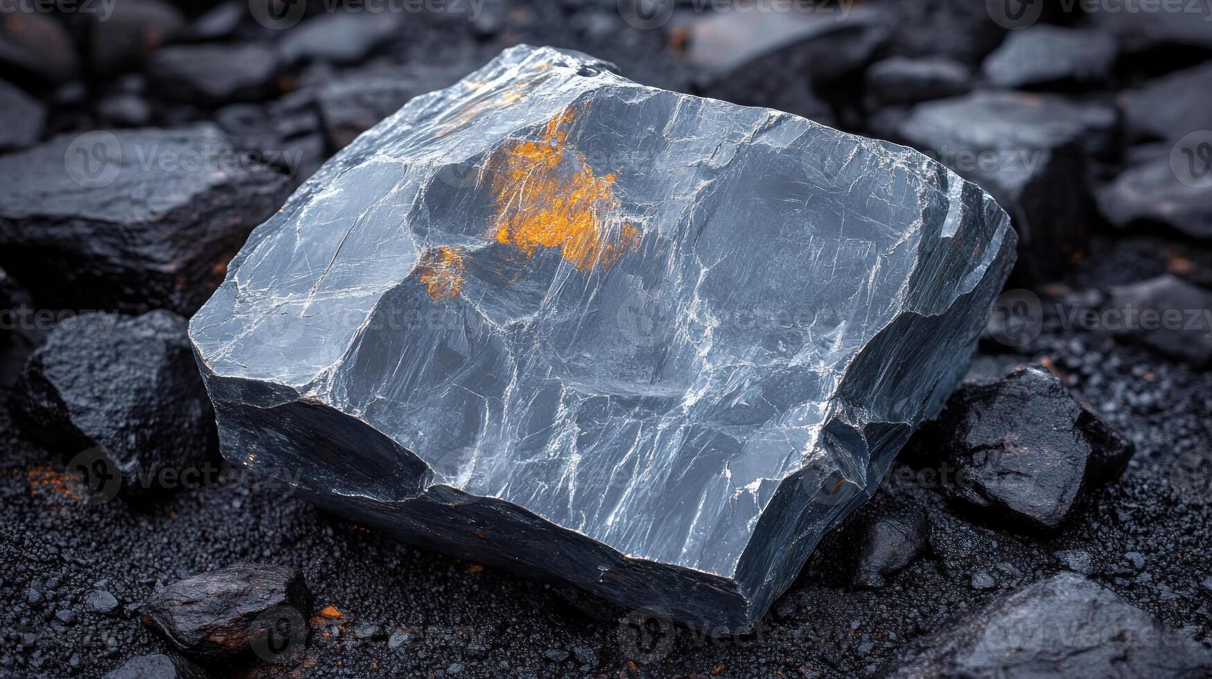 Dark rock with orange streak on a textured surface. photo