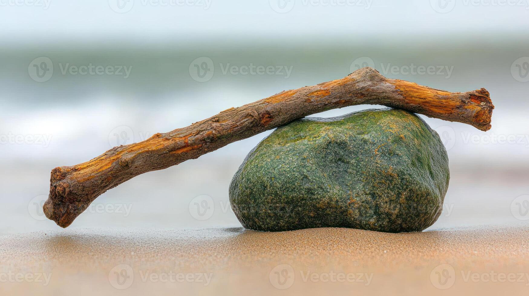 A stick resting on a green rock by the shore. photo