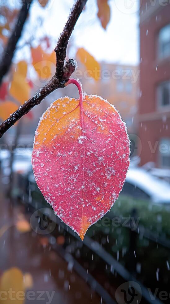 A vibrant leaf dusted with snow in an urban setting. photo