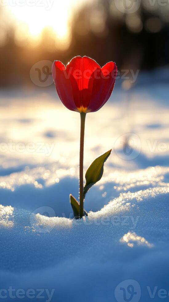 A vibrant tulip emerging from the snow. photo