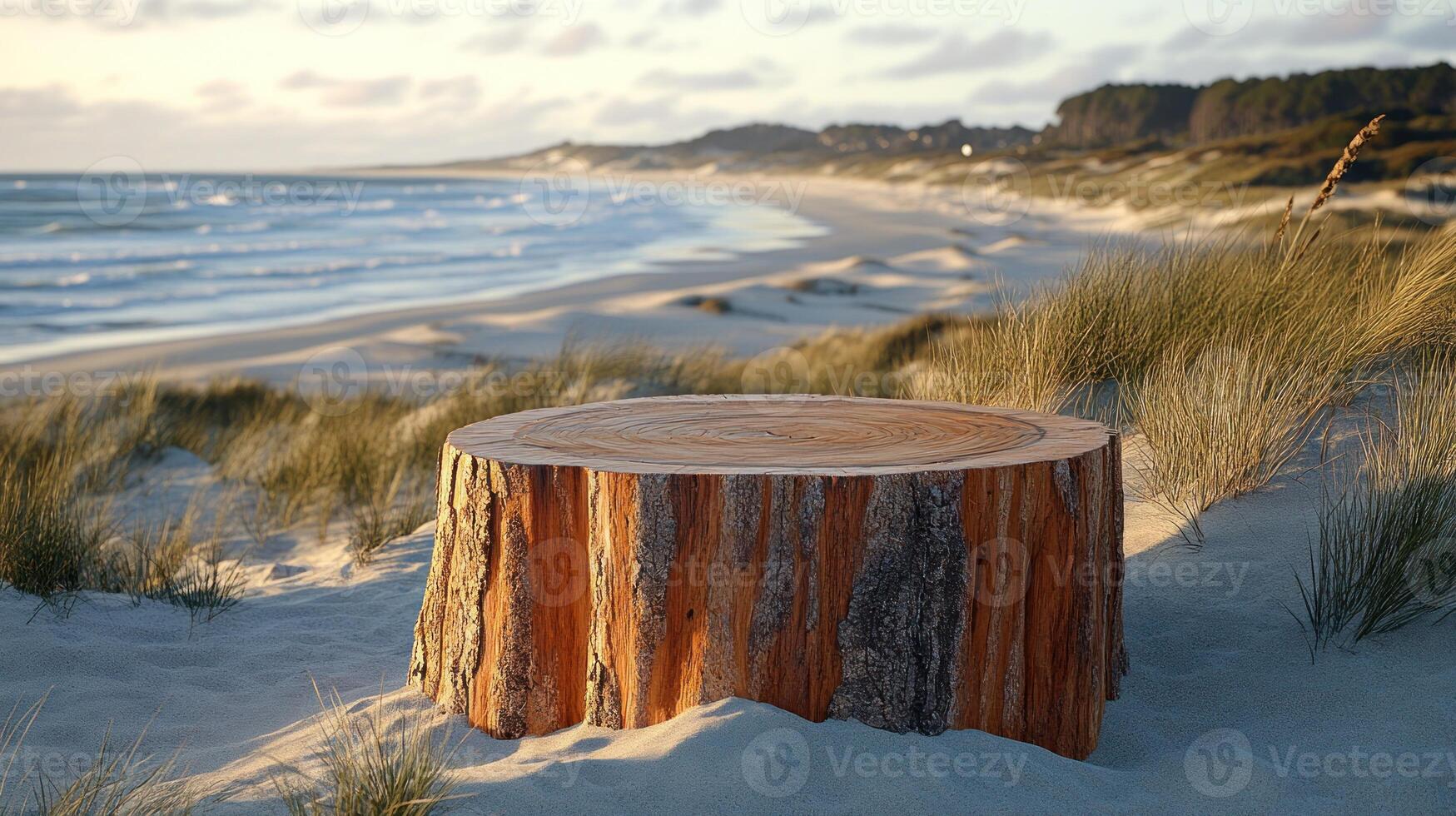 A tree stump on a beach with ocean waves. photo