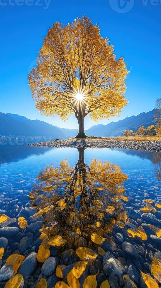 A vibrant autumn tree reflecting in calm water. photo