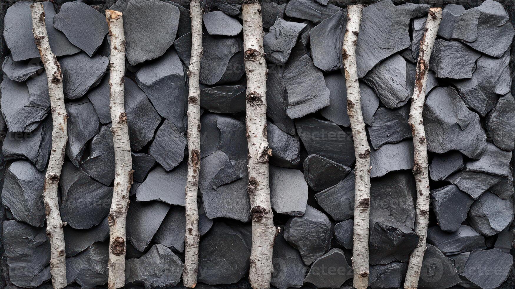 A textured arrangement of slate and birch branches. photo
