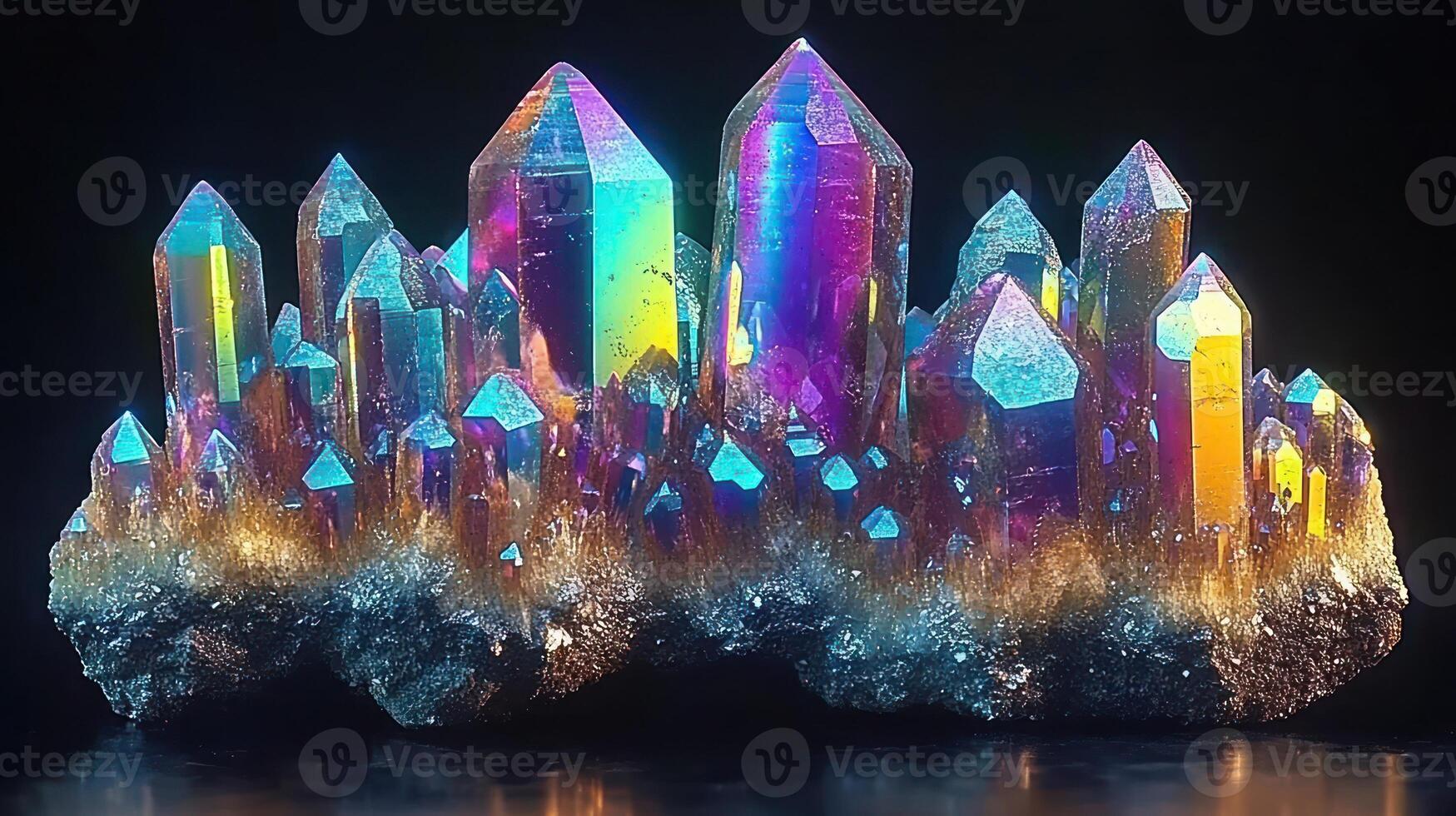 Colorful crystal cluster with iridescent surfaces. photo