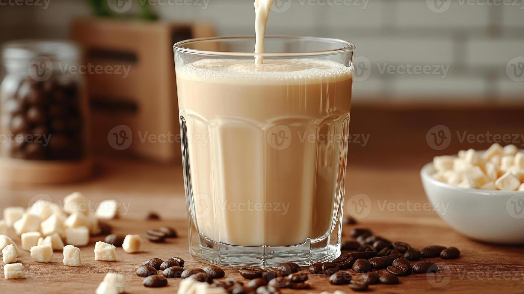 Creamy beverage in a glass with coffee elements. photo