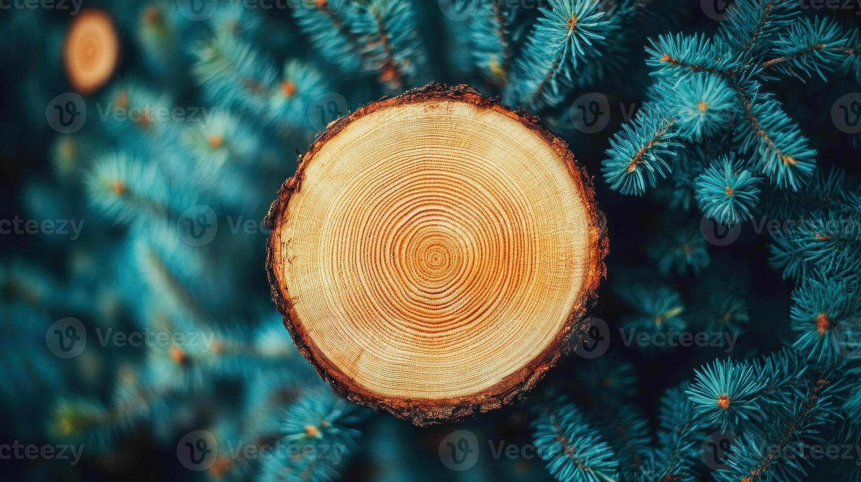 Cross-section of wood surrounded by evergreen branches. photo