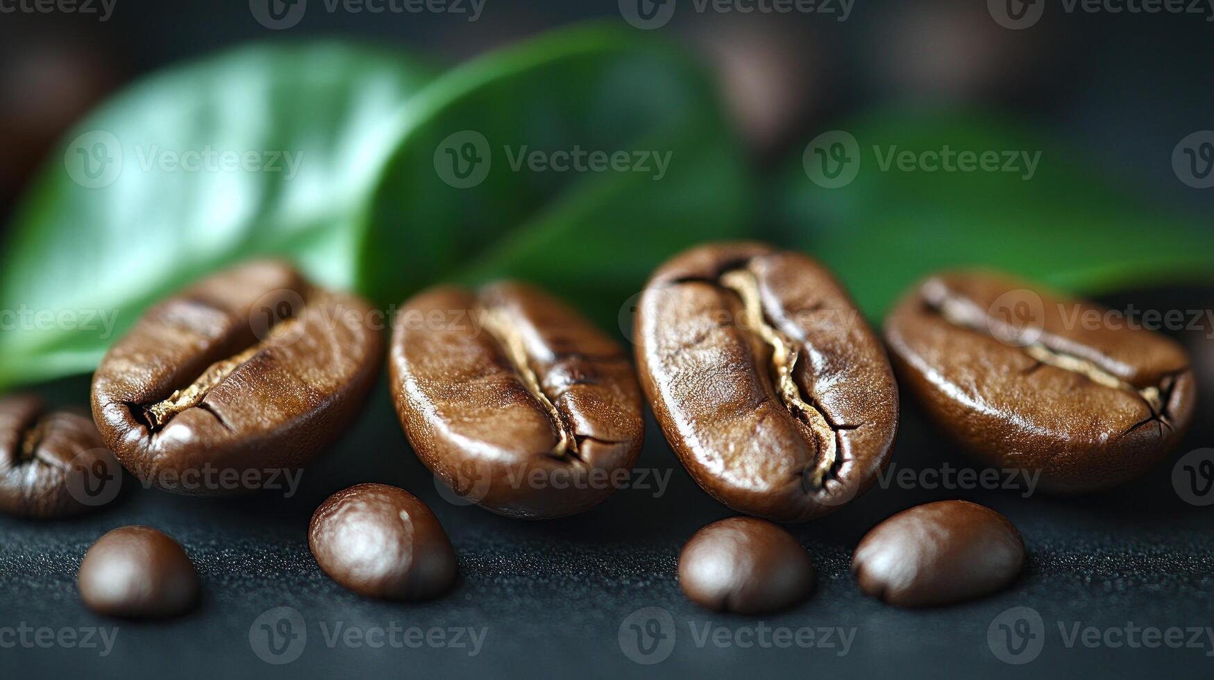 closeup shot Coffee beans with green leaves on a dark surface. photo