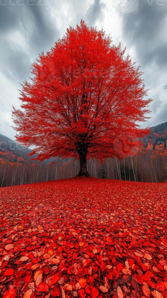 Vibrant red tree amidst autumn foliage. photo