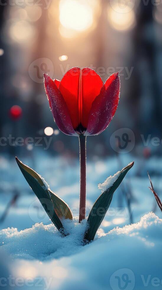 A vibrant red tulip emerging from snowy ground. photo