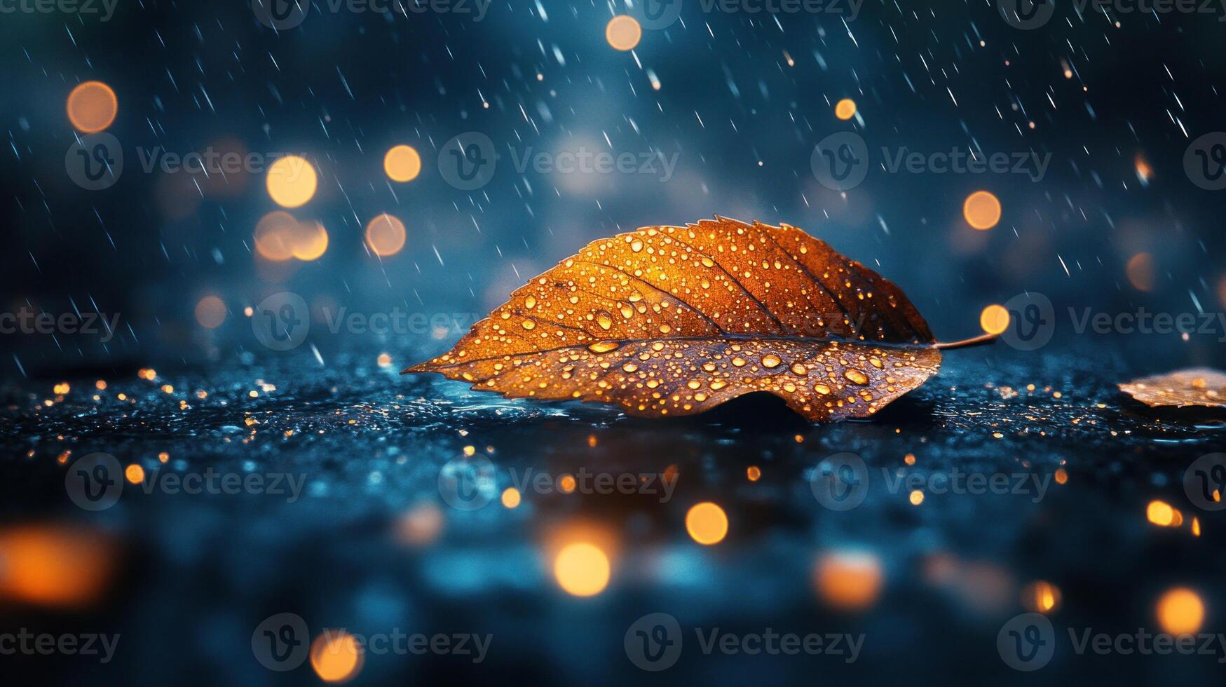A wet leaf on a surface with rain and bokeh lights. photo