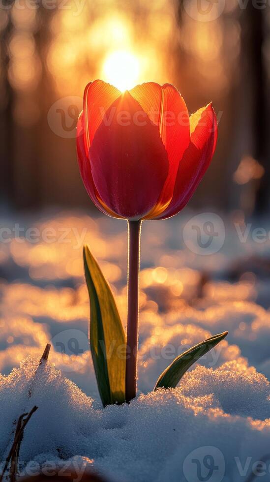 A tulip blooming in snow during sunset. photo