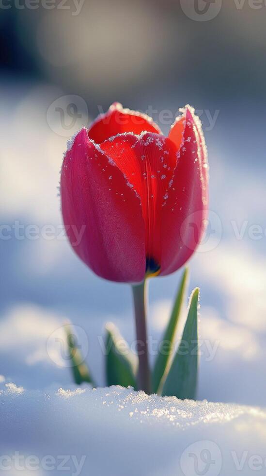 A tulip blooming in snow, symbolizing resilience. photo