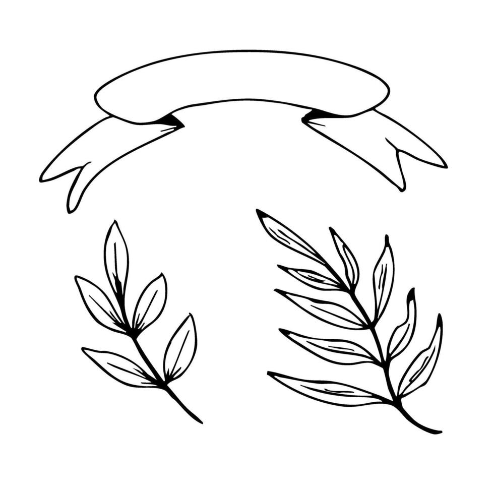 Elegant first communion design with decorative leaves and banner. Black outlines, white background. Graphic art. For baptism, wedding, birtday, party invitation, greating card vector