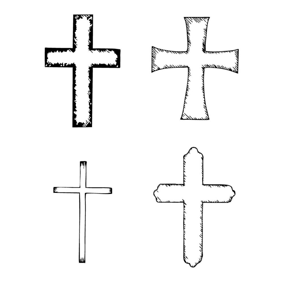 Diverse cross designs for first communion celebrations and religious themes. Set of catholic crosses. Black outlines, white background. Graphic art. For baptism, wedding invitation vector