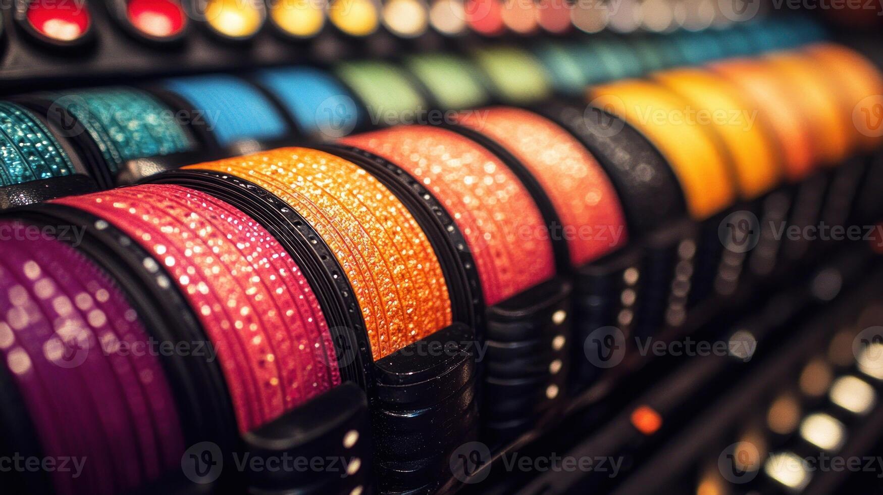 Colorful spools of thread arranged in a display. photo