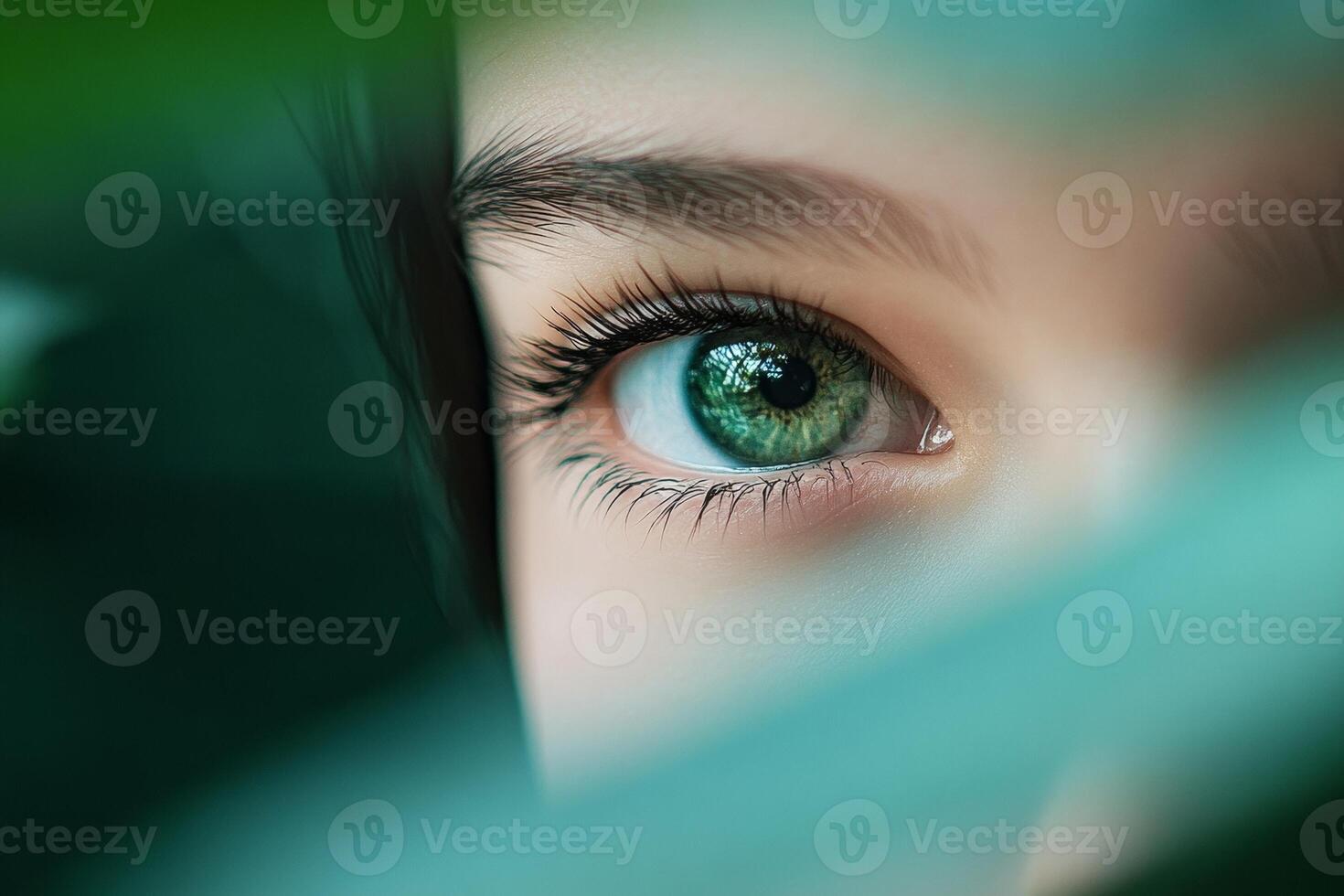 A close-up of a green eye partially obscured by leaves, evoking nature and curiosity. photo