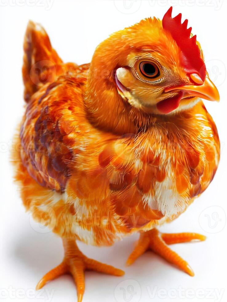 A vibrant, fluffy orange chick with a prominent comb, standing on a white background. photo