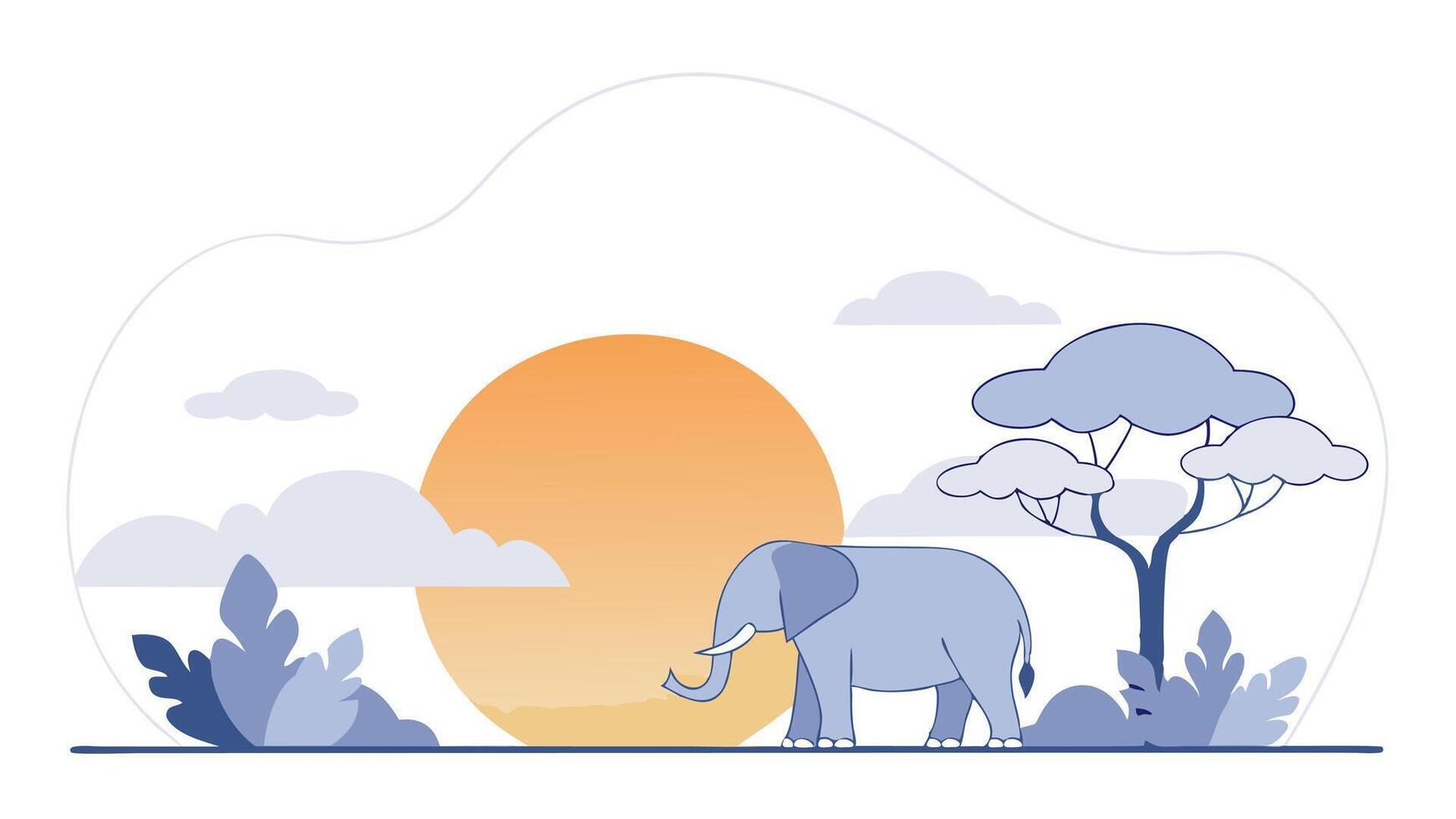 An elephant is standing in the middle of a field with trees and sun vector