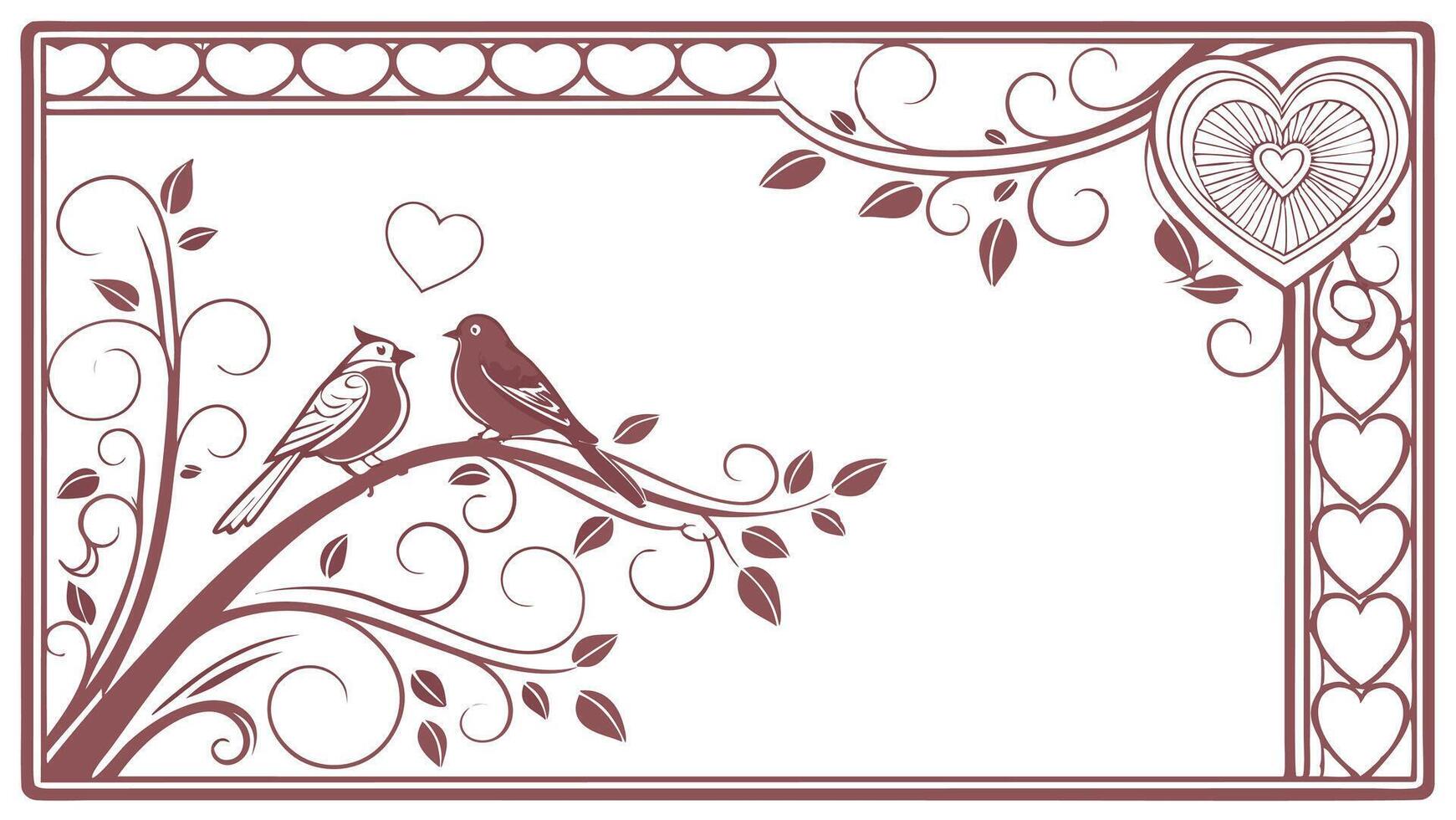 Two birds on a branch with hearts and leaves vector