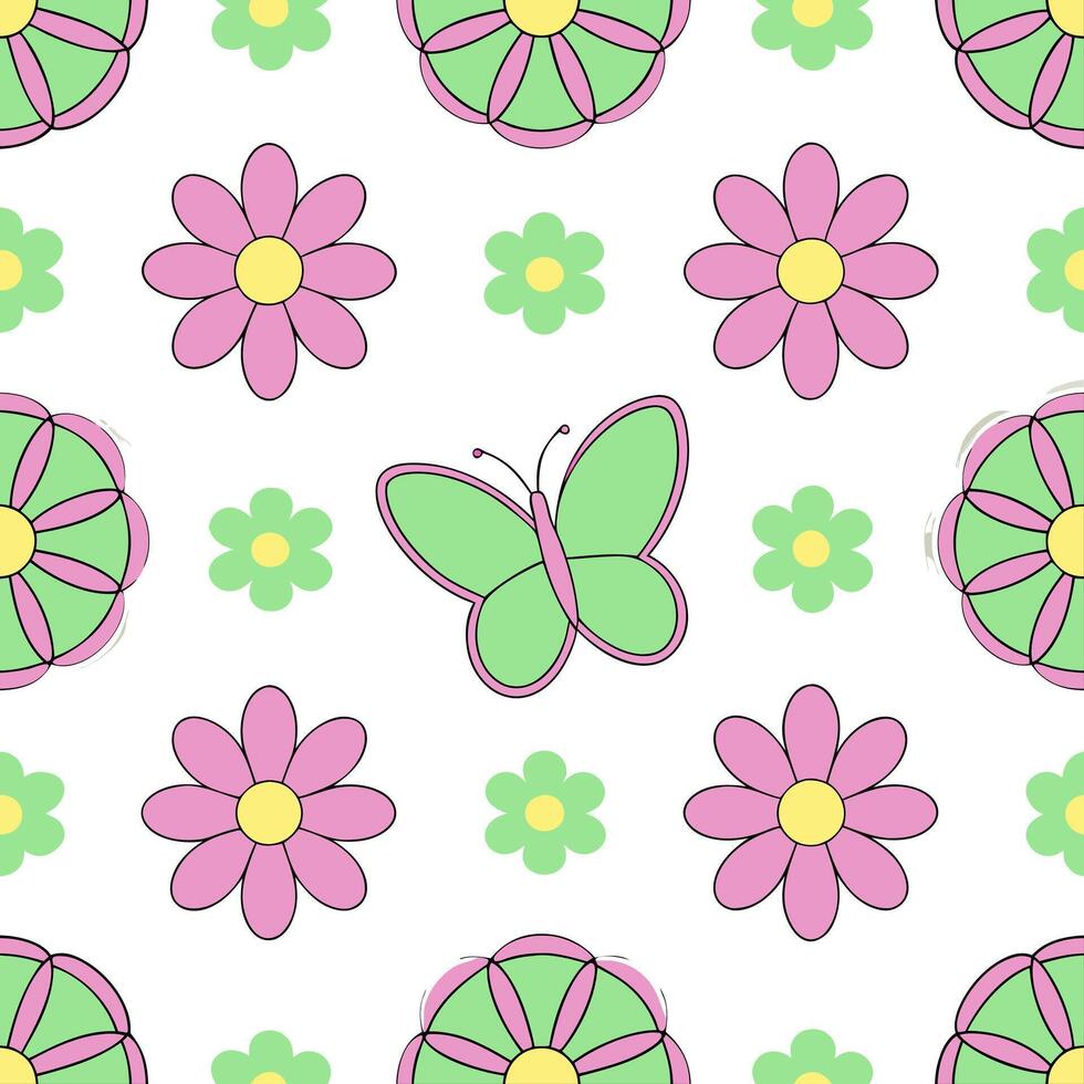 Vibrant spring nature seamless pattern with blooming flowers and fluttering butterflies for lively outdoor scenes concept as Lively spring pattern with blooming flowers and butterf Seamless Set vector