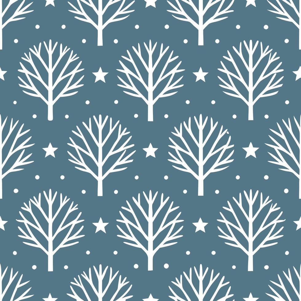 Winter whites seamless pattern with frosty trees light snowfall and glowing stars for a serene winter night effect concept as Serene winter night pattern with frosty trees light sn Seamless Set vector