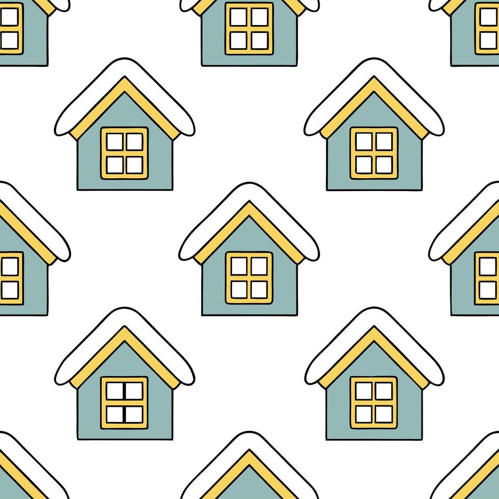 Winter whites seamless pattern with snow covered rooftops frosty windows and soft moonlight for a cozy winter village scene concept as Cozy winter village pattern with snow covered Seamless Set vector