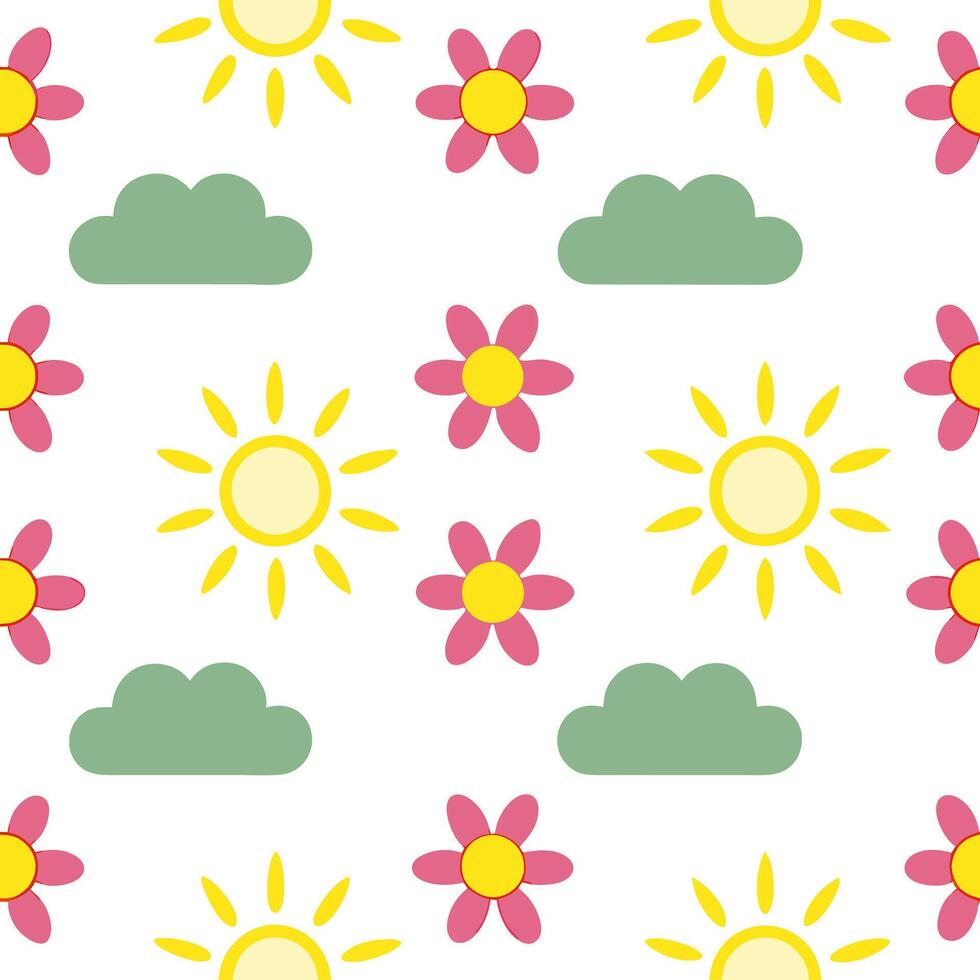 Playful spring sunshine seamless pattern with sun rays clouds and vibrant flowers for energetic fun spring designs concept as Fun spring sunshine pattern with sun rays clouds and v Seamless Set vector