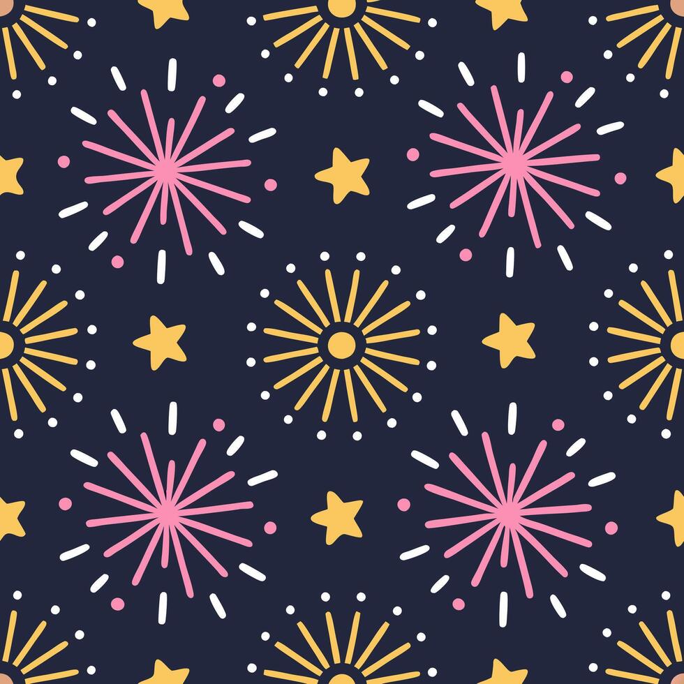New Year seamless pattern with fireworks sparkling stars and celebratory confetti for a festive New Year Eve look concept as Vibrant New Year pattern featuring fireworks stars and Seamless Set vector