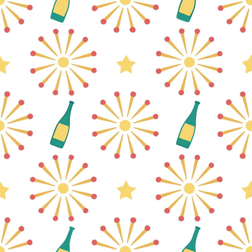 New Year seamless pattern with fireworks champagne and celebration elements for a joyful festive design concept as Joyful New Year pattern with fireworks champagne and festive elem Seamless Set vector