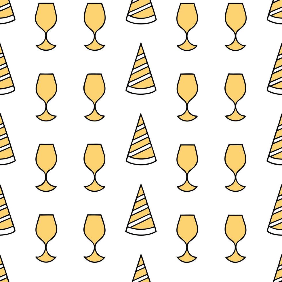 New Year seamless pattern with champagne glasses party hats and golden streamers for an elegant and festive celebration concept as Elegant New Year pattern with champagne glasses p Seamless Set vector