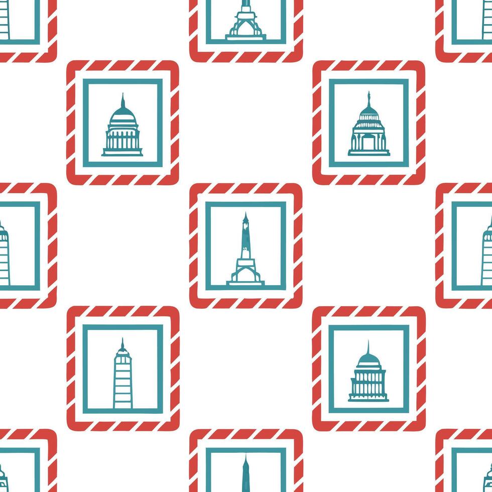 Create a seamless pattern featuring retro travel slogans with iconic landmarks in a postcard style design. concept as Develop a repeating pattern that combines vintage travel catch Seamless Set vector