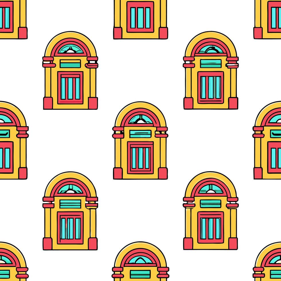 Illustrate a seamless pattern featuring retro illustrations of jukeboxes and neon signs in bright colors. concept as Design a repeating pattern with colorful jukeboxes and neon sig Seamless Set vector
