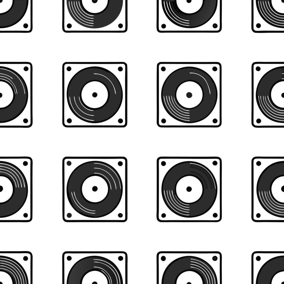 Design a seamless pattern incorporating retro illustrations of vinyl records and turntables in monochromatic shades. concept as Create a repeating pattern with black and white viny Seamless Set vector