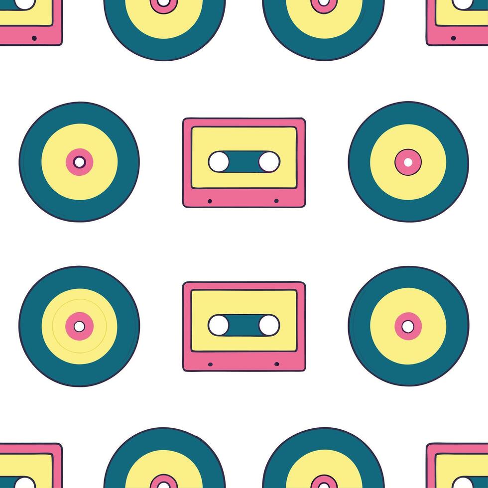 Design a seamless pattern incorporating retro illustrations of vinyl records and turntables in monochromatic shades. concept as Create a repeating pattern with black and white viny Seamless Set 2 vector