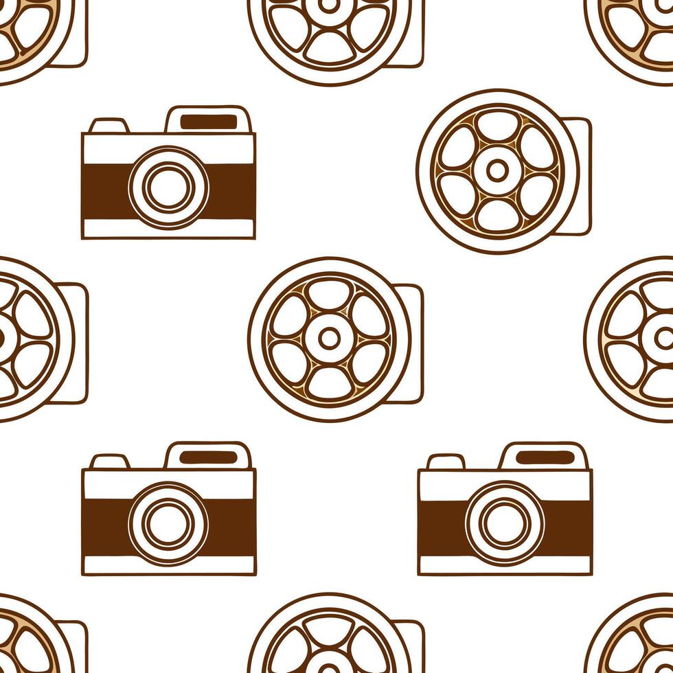 Create a seamless pattern featuring retro illustrations of vintage cameras and film reels in sepia tones. concept as Develop a repeating pattern with sepia toned vintage cameras an Seamless Set vector