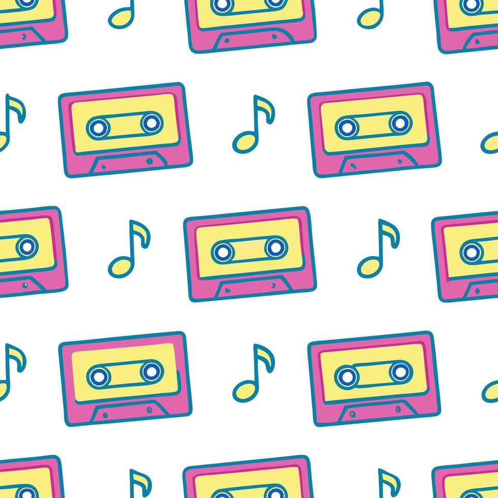Design a seamless pattern combining retro cassette tapes and musical notes in neon colors for an 80s music vibe. concept as Create a repeating pattern featuring cassette tapes and Seamless Set vector